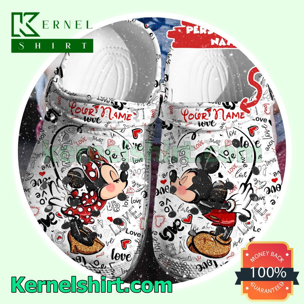 Personalized Mickey And Minnie Love Text Clogs Shoes Slippers Sandals