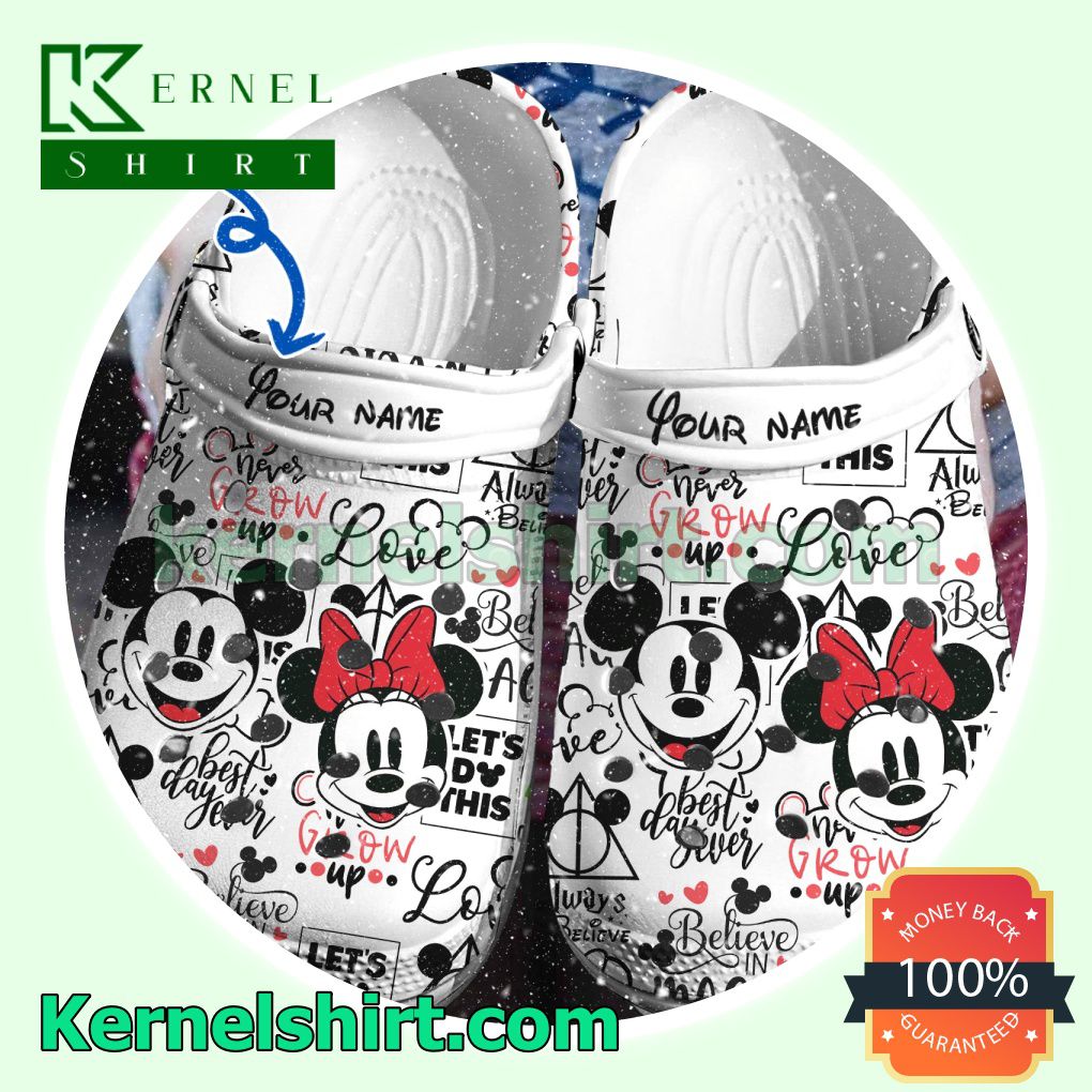 Personalized Mickey And Minnie Never Grow Up Clogs Shoes Slippers Sandals