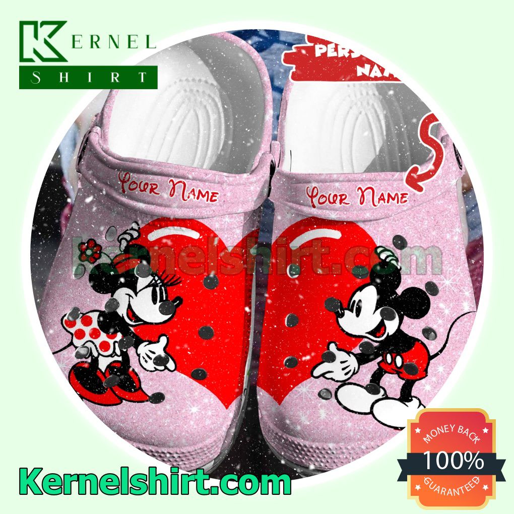 Personalized Mickey And Minnie Red Heart Pink Glitter Clogs Shoes Slippers Sandals