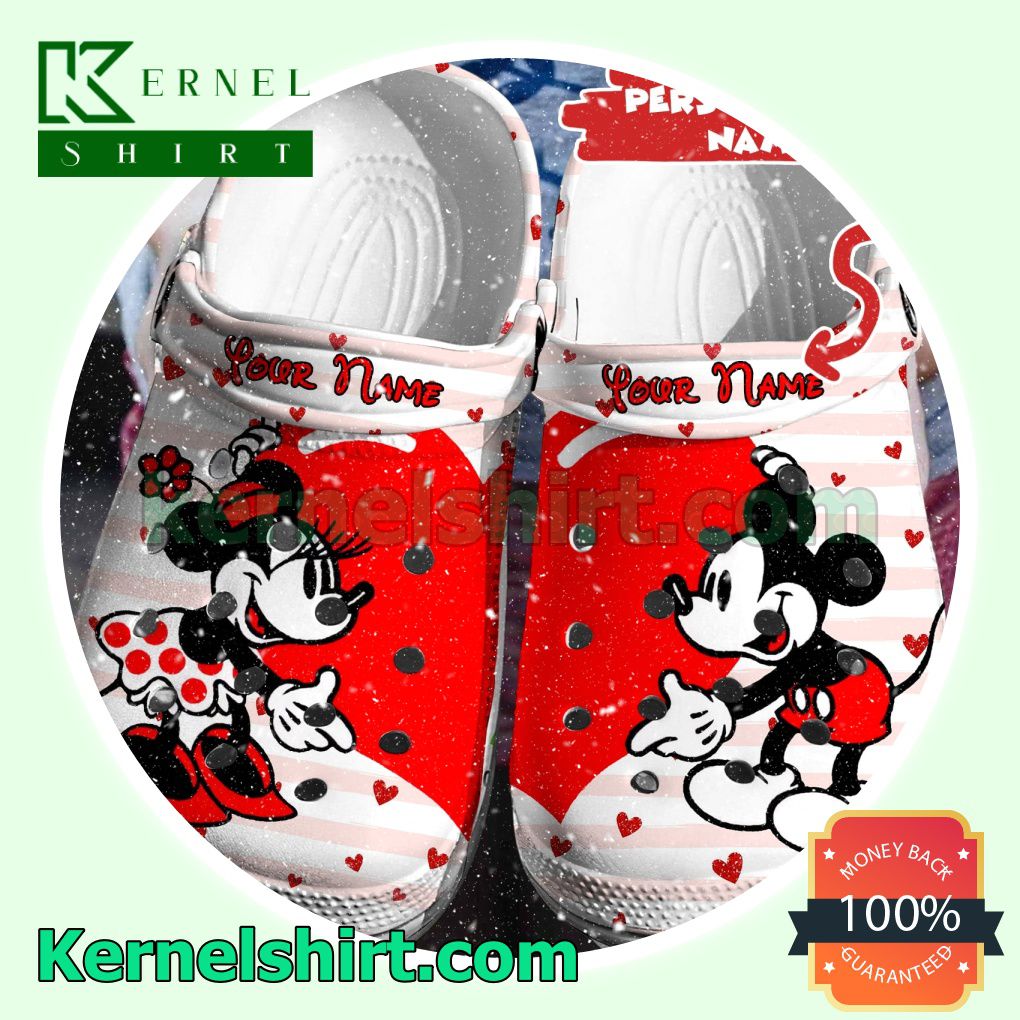 Personalized Mickey And Minnie Red Heart Pink White Stripe Clogs Shoes Slippers Sandals