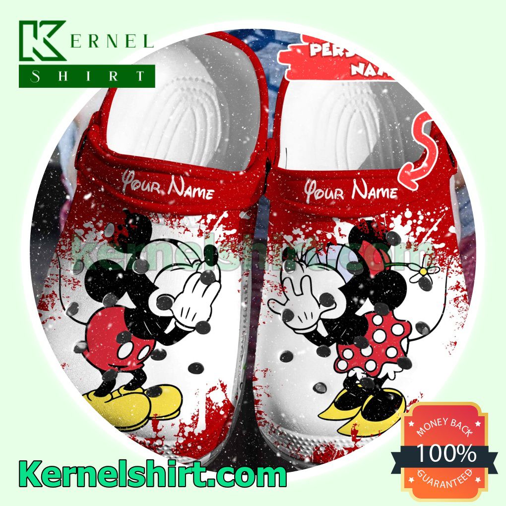 Personalized Mickey And Minnie White Splash On Red Clogs Shoes Slippers Sandals