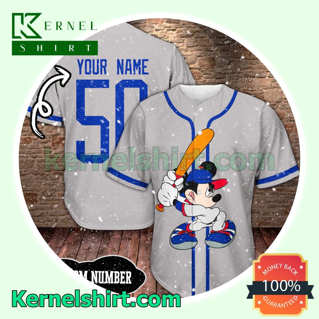 Personalized Mickey Playing Baseball Grey Button Down Shirts