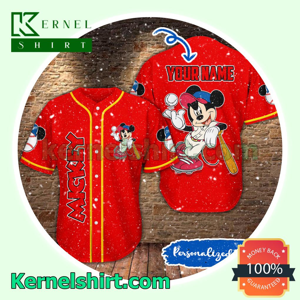 Personalized Mickey Playing Baseball Red Button Down Shirts