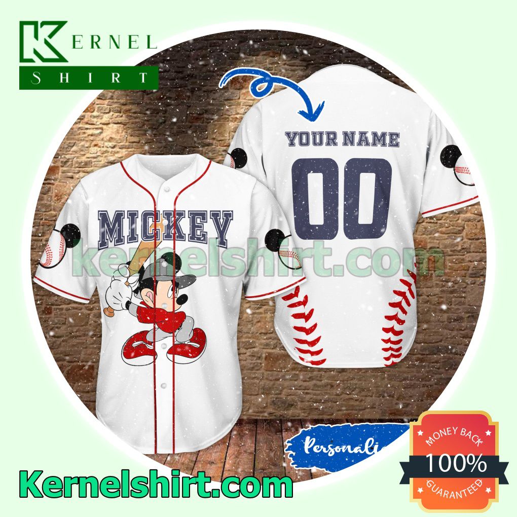 Personalized Mickey Playing Baseball White Button Down Shirts