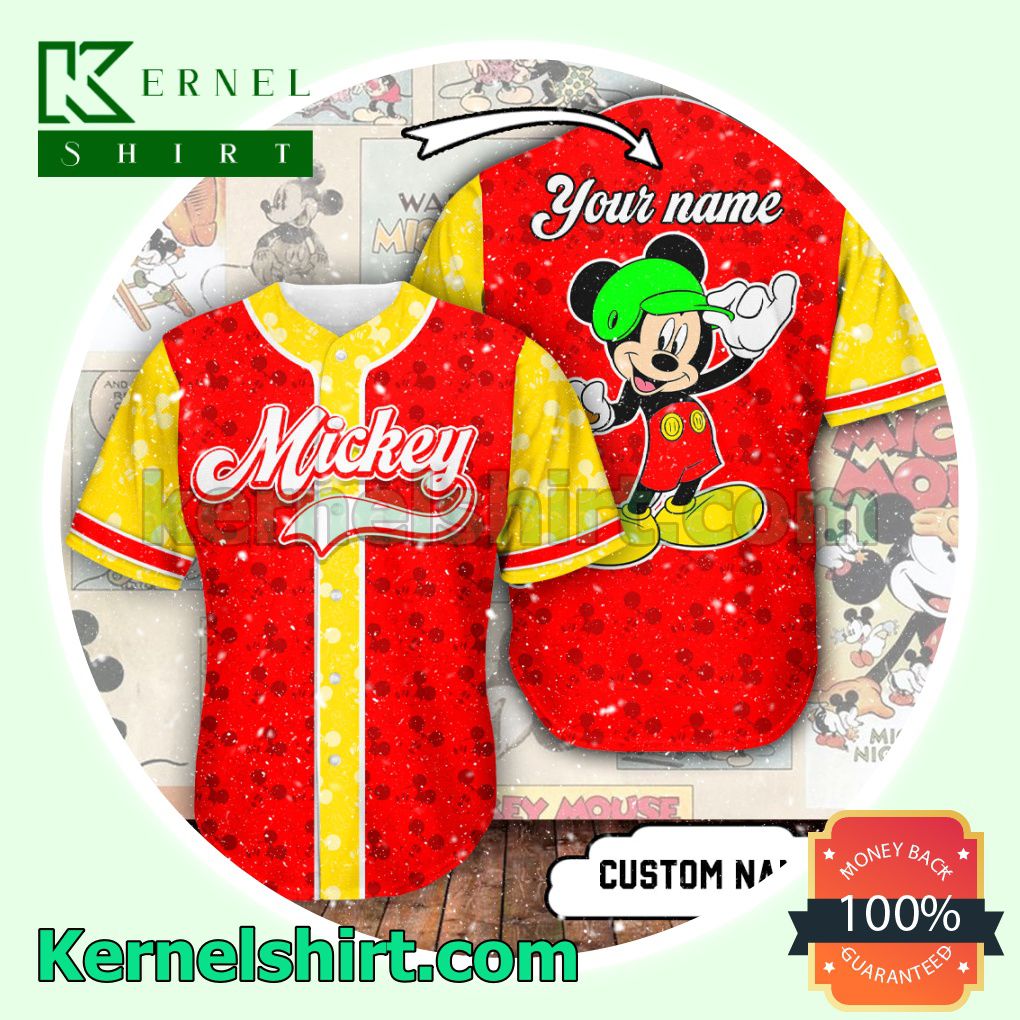 Personalized Name Mickey Mouse Red And Yellow Button Down Shirts