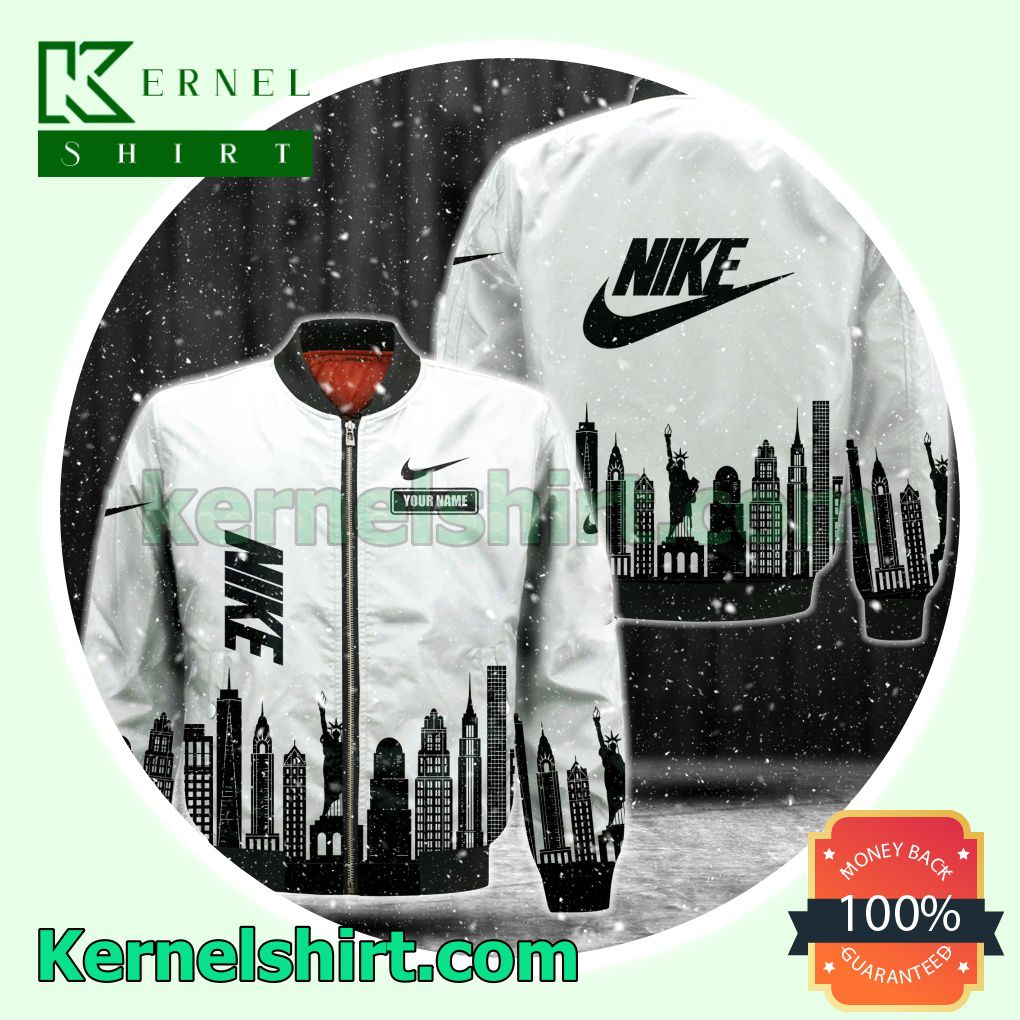 Personalized Nike City Skyline Silhouette White Varsity Jacket Coat Outwear