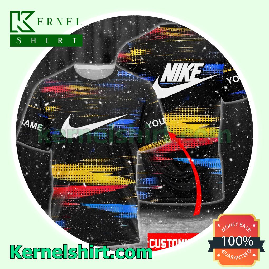 Personalized Nike Multicolor Paint Stroke On Black Logo 3D T-Shirt