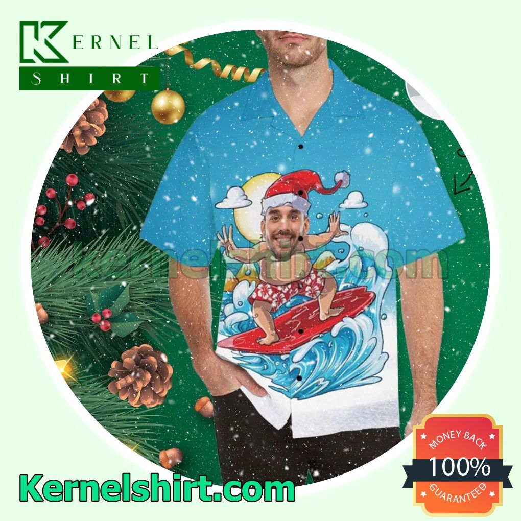 Personalized Photo Christmas Surfing Funny Blue Xmas Short Sleeve Shirts