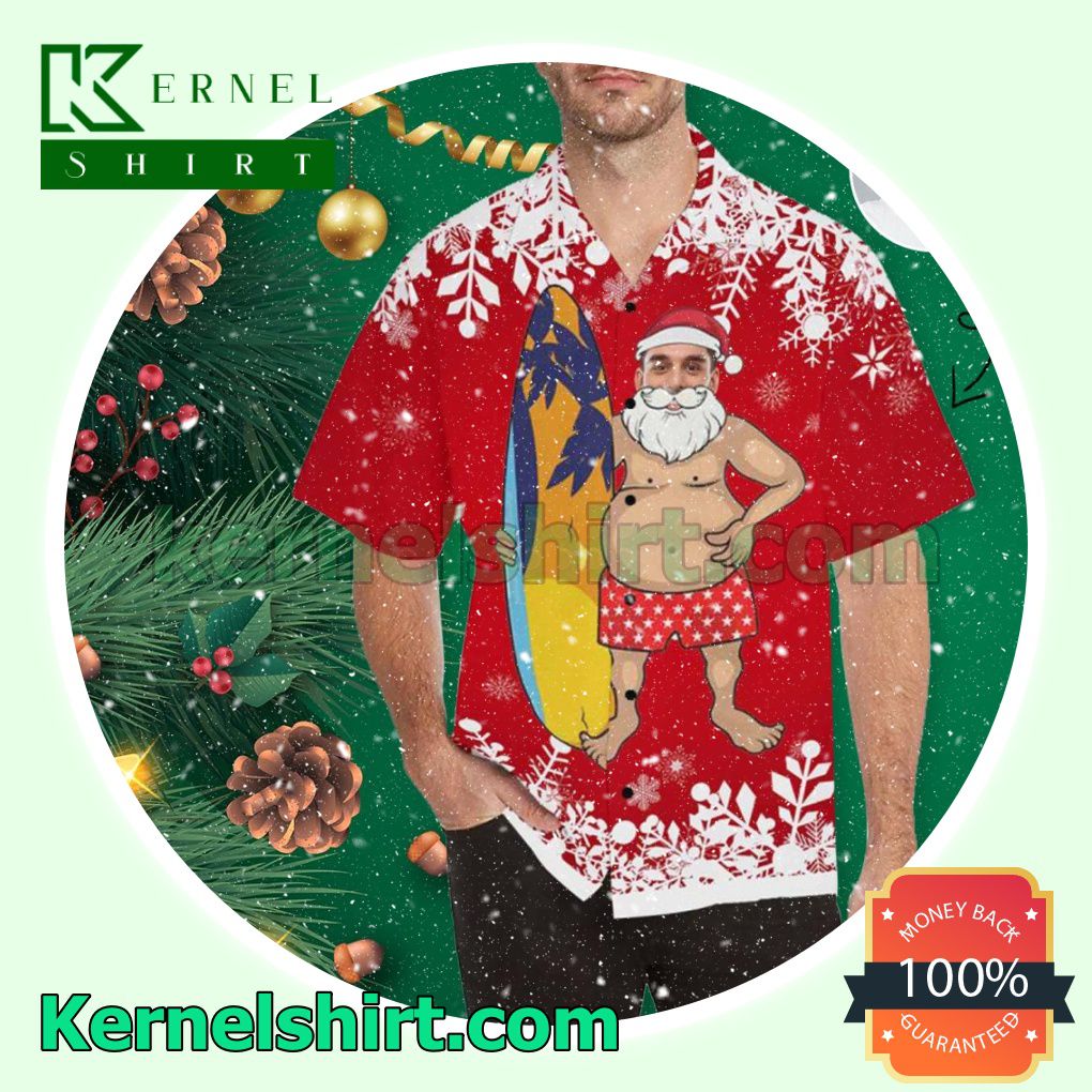 Personalized Photo Christmas Surfing Funny Red Xmas Short Sleeve Shirts