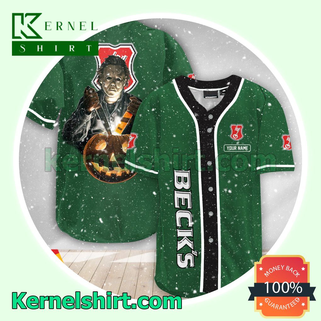 Personalized Scary Michael Myers Pumpkin Beck's Beer Custom Baseball Jersey