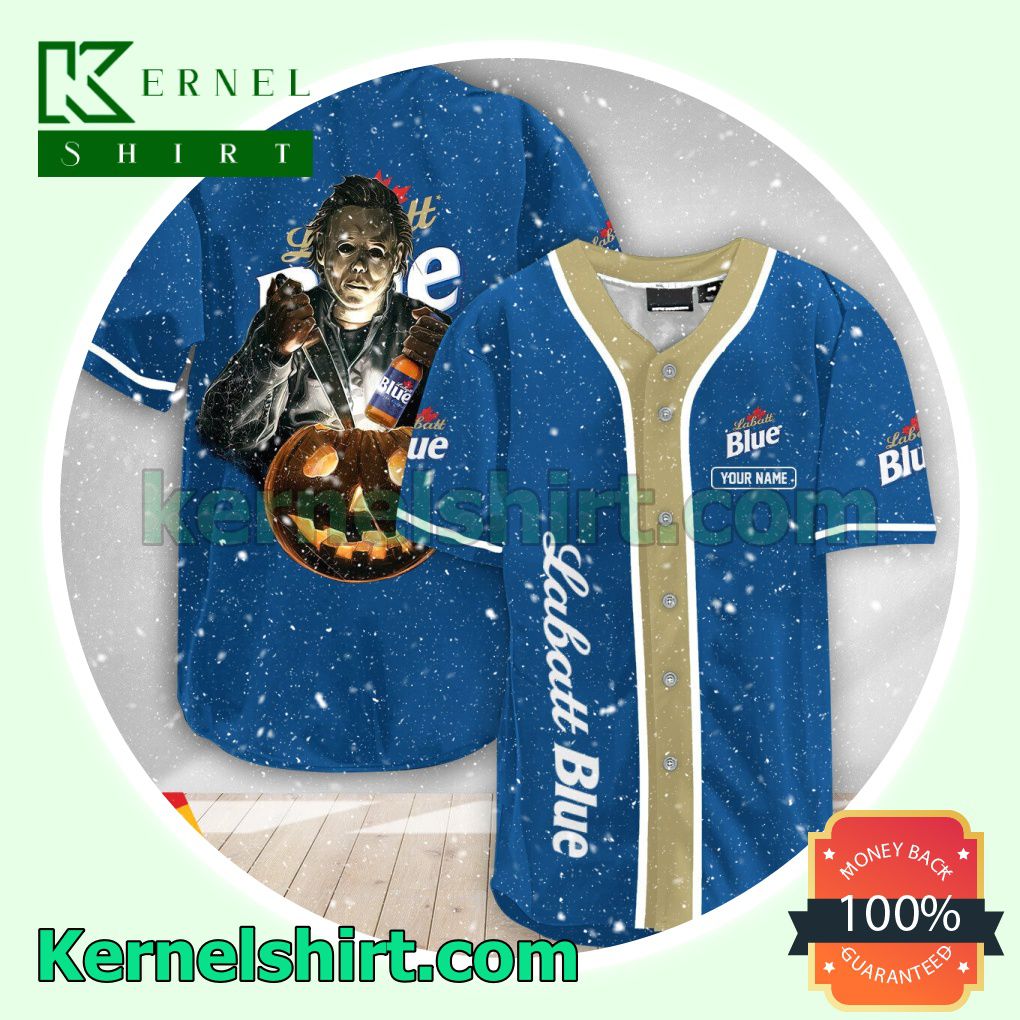 Personalized Scary Michael Myers Pumpkin Labatt Blue Custom Baseball Jersey