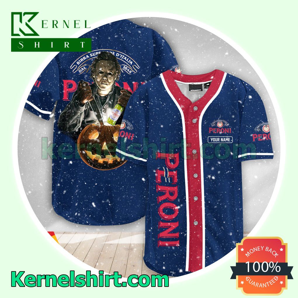 Personalized Scary Michael Myers Pumpkin Peroni Beer Custom Baseball Jersey