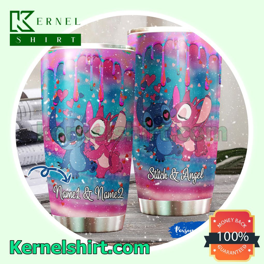 Personalized Stitch And Angel Couple Tumbler Cup
