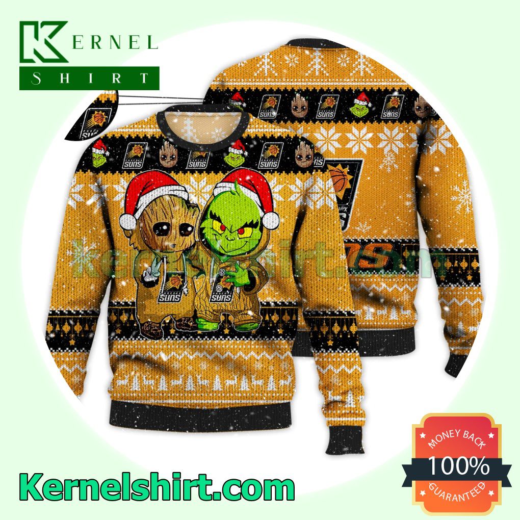 Phoenix Suns Baby Groot And Grinch Xmas Knitted Sweater NBA Lover