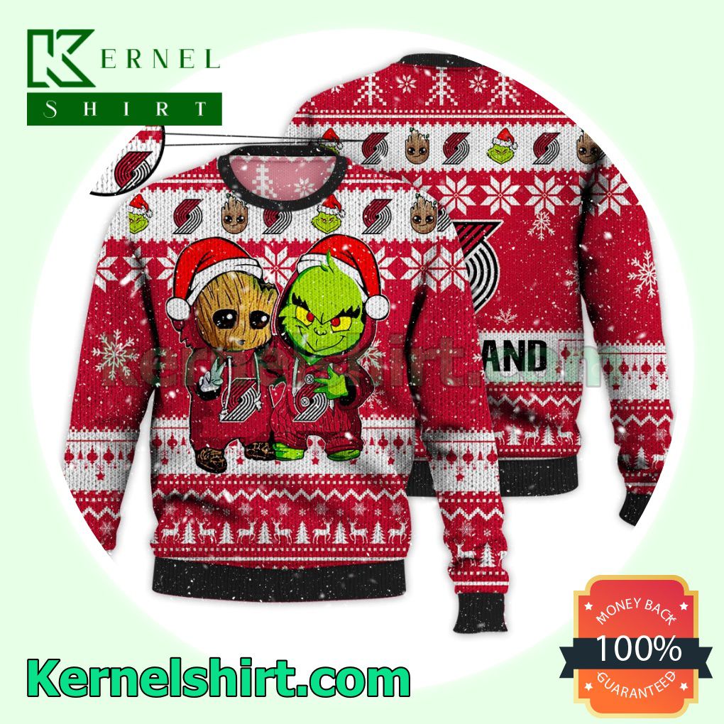 Portland Trail Blazers Baby Groot And Grinch Xmas Knitted Sweater NBA Lover