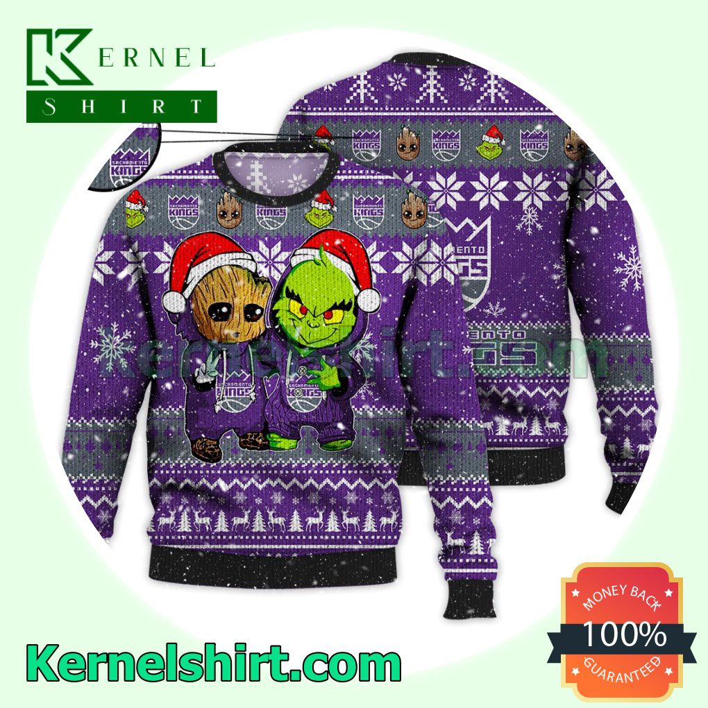Sacramento Kings Baby Groot And Grinch Xmas Knitted Sweater NBA Lover