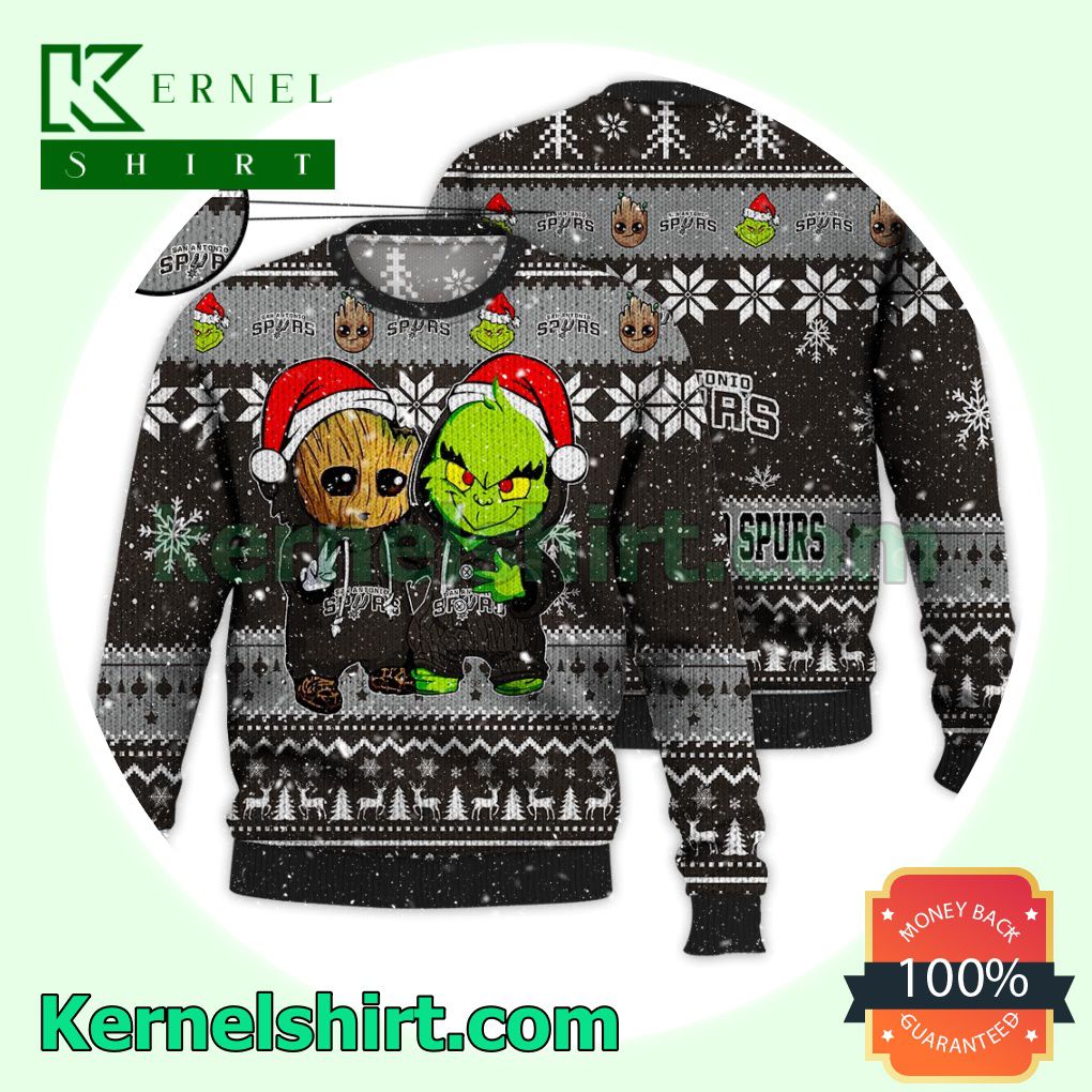 San Antonio Spurs Baby Groot And Grinch Xmas Knitted Sweater NBA Lover