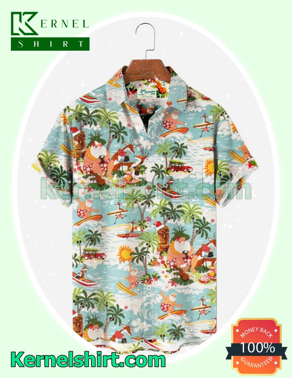 Santa And Reindeer Surf Tropical Island Xmas Short Sleeve Shirts