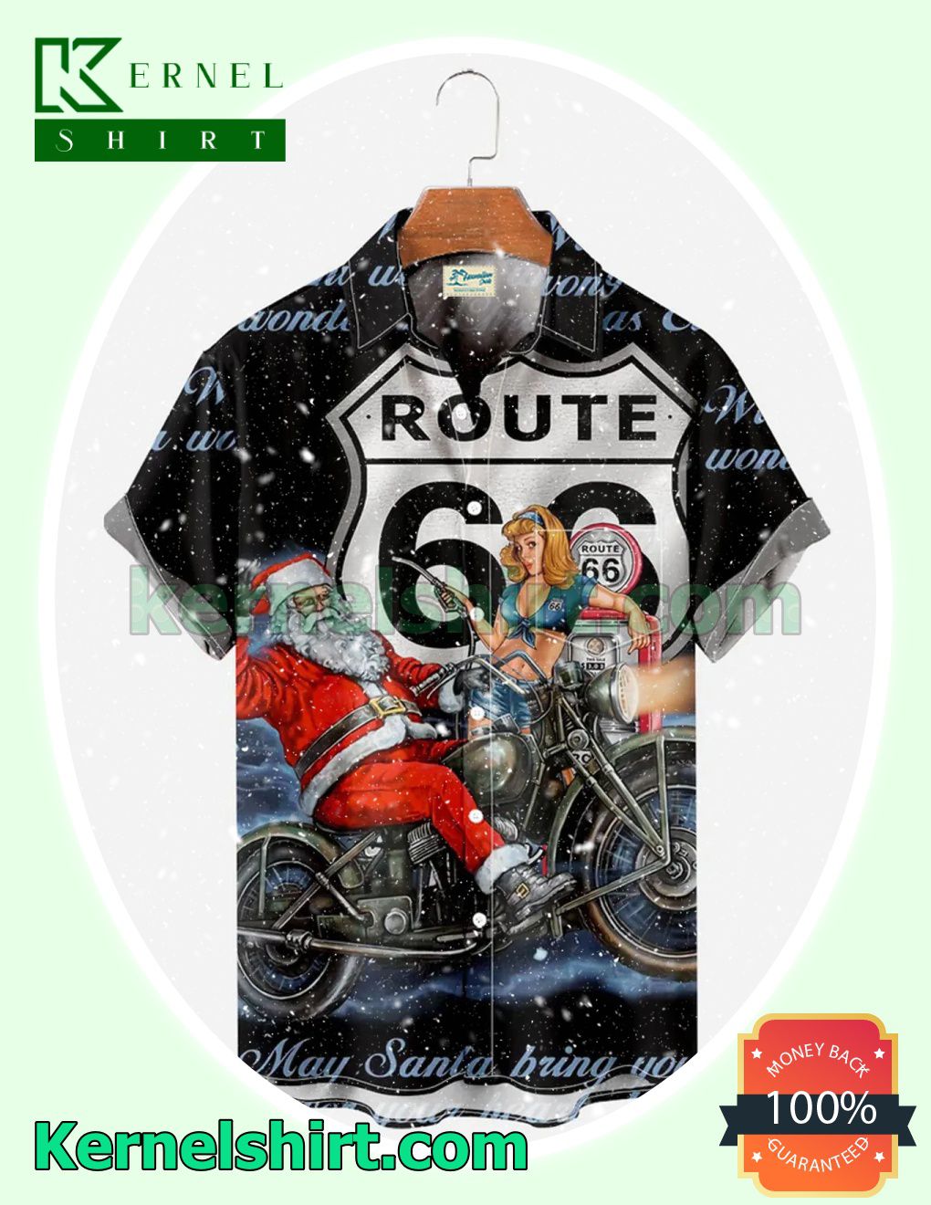 Santa Claus On Motorcycle Route 66 May Santa Bring You Xmas Short Sleeve Shirts