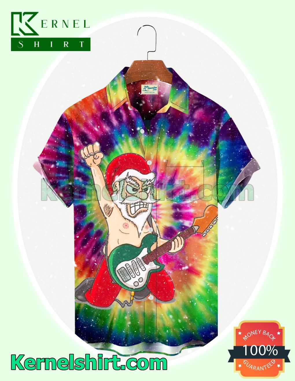 Santa Claus Playing Guitar Hippie Tie Dye Xmas Short Sleeve Shirts