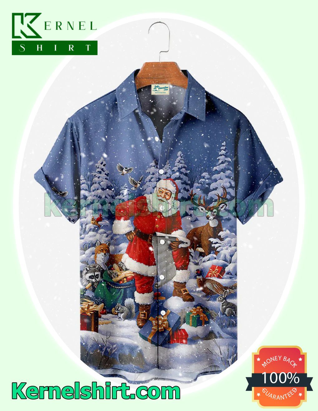 Santa Claus Snow Blue Xmas Short Sleeve Shirts