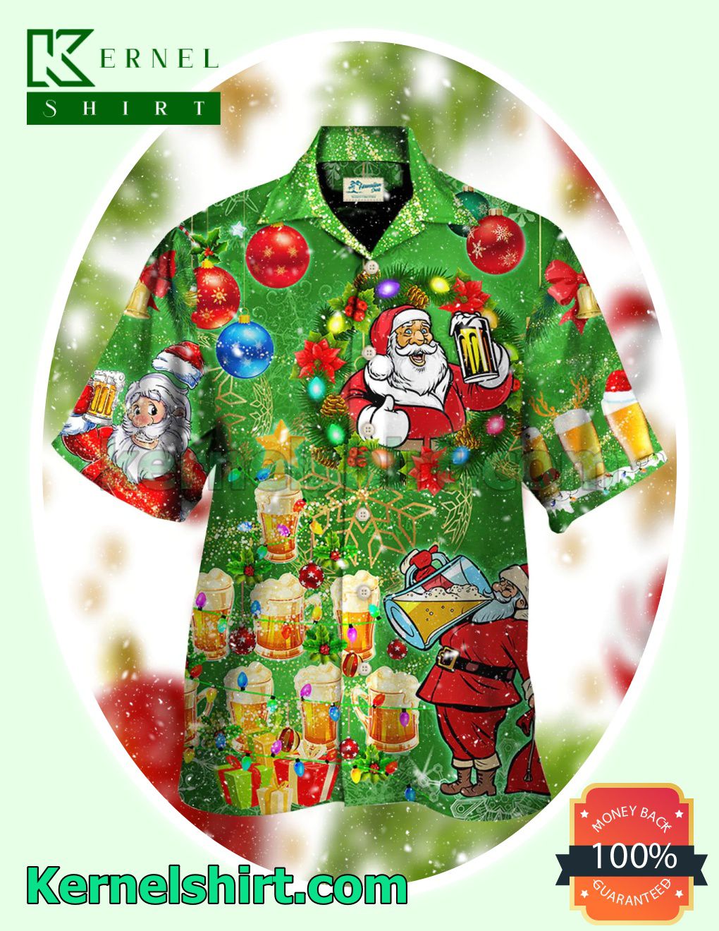 Santa Drinking Beer Christmas Green Xmas Short Sleeve Shirts