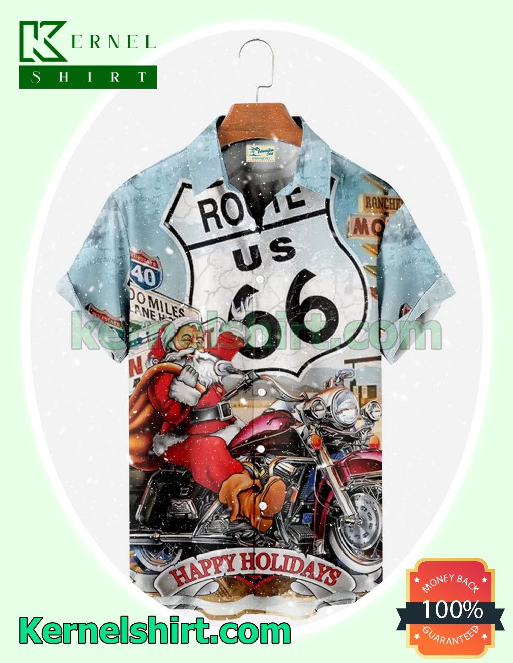 Santa Ride Motorcycle Route 66 Happy Holidays Xmas Short Sleeve Shirts