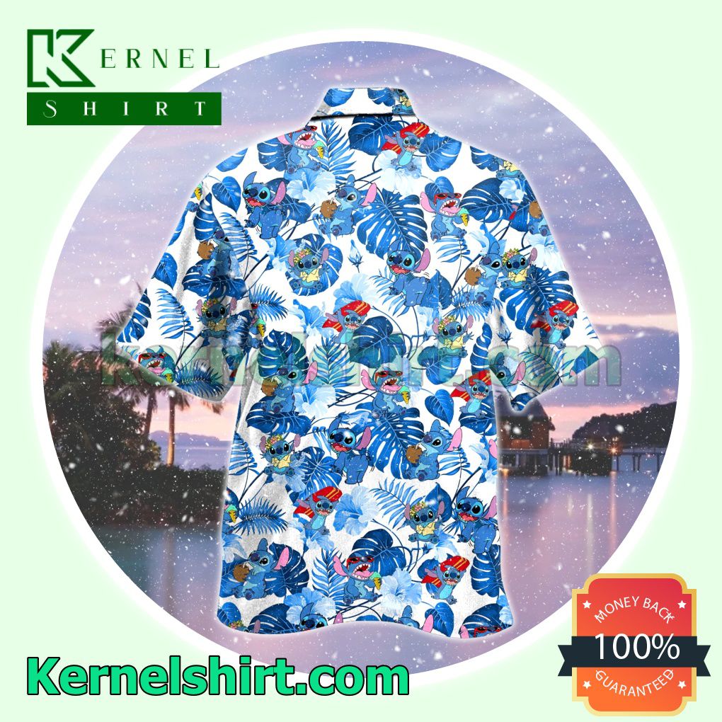 Stitch Blue Monstera Leaf Summer Short Sleeve Shirt a