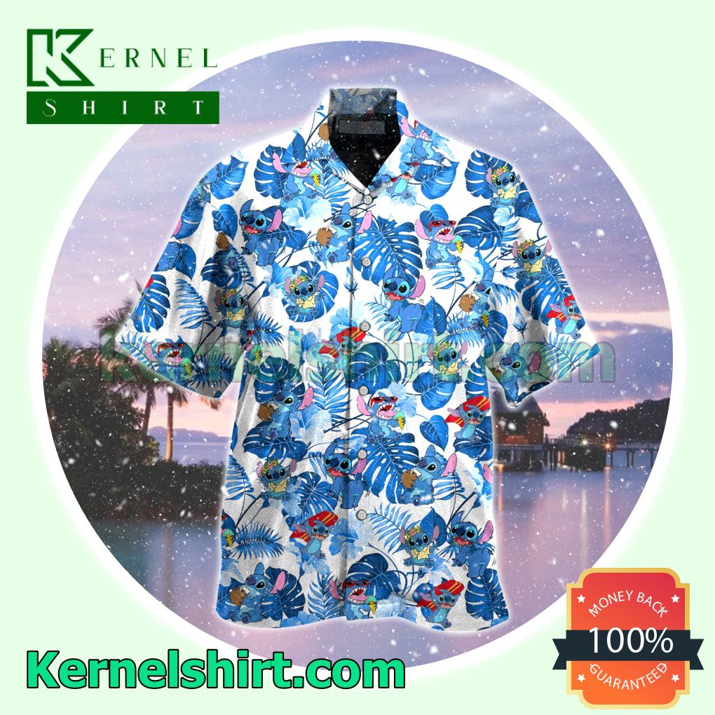 Stitch Blue Monstera Leaf Summer Short Sleeve Shirt