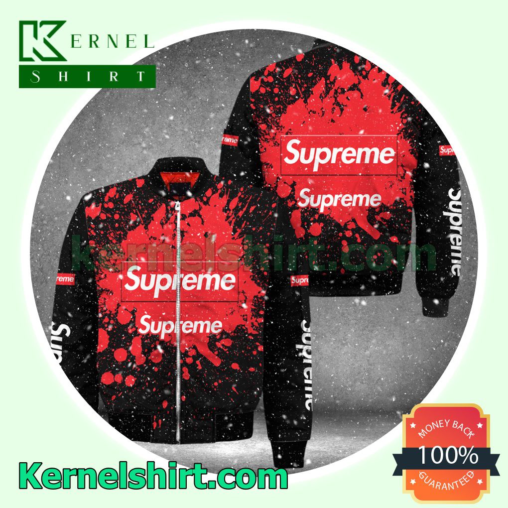 Supreme Logo Center Red Splash Black Varsity Jacket Coat Outwear