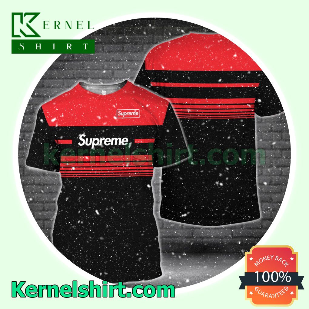 Supreme Luxury Black With Red Horizontal Stripes Logo 3D T-Shirt