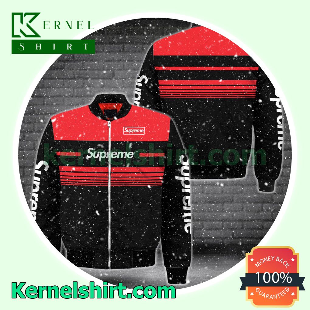 Supreme Luxury Black With Red Horizontal Stripes Varsity Jacket Coat Outwear