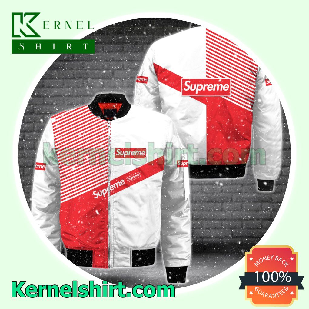 Supreme Red And White With Diagonal Stripes Varsity Jacket Coat Outwear