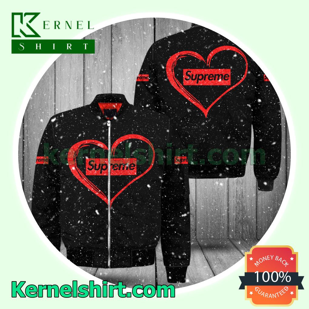 Supreme Red Heart On Black Varsity Jacket Coat Outwear
