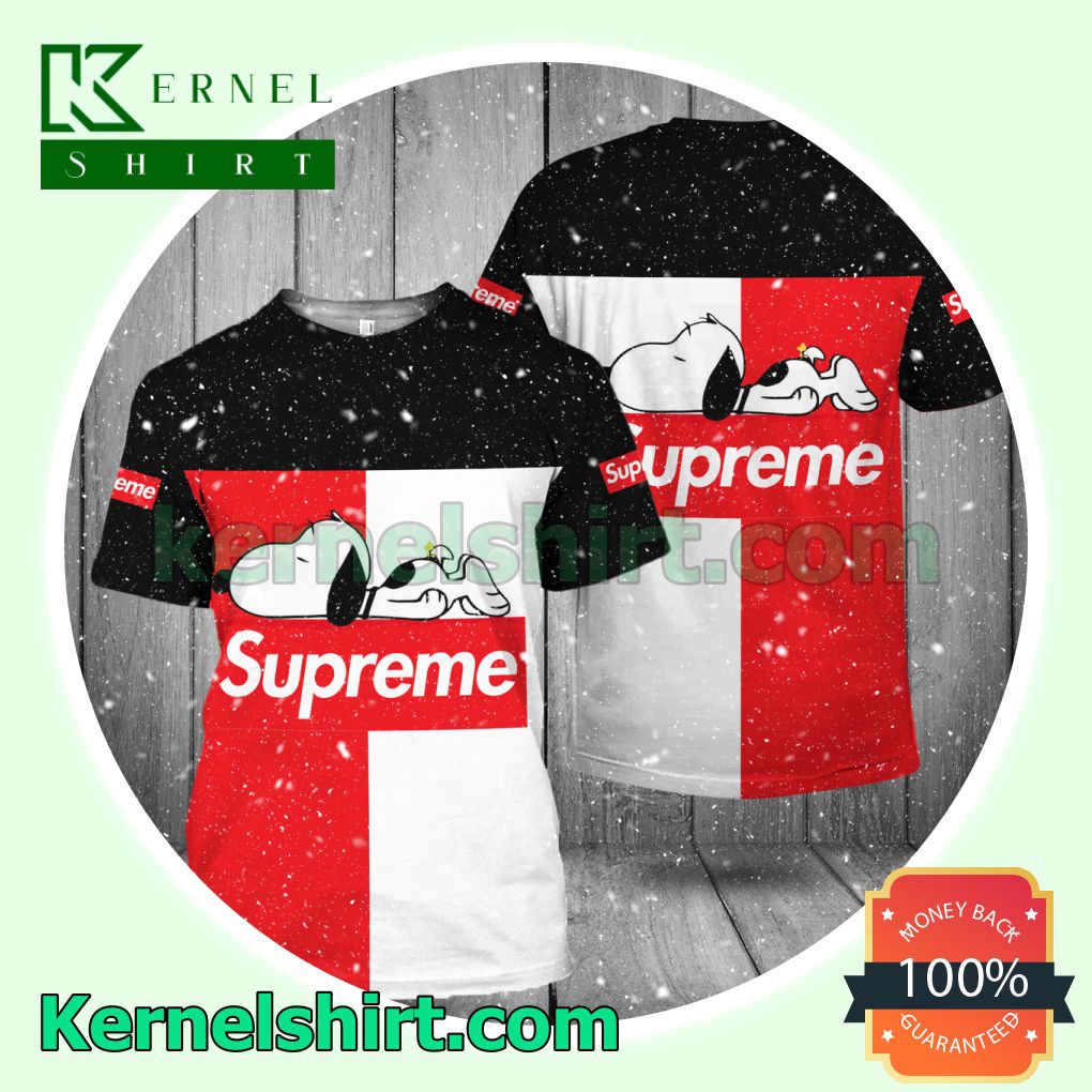 Supreme With Snoopy Black White Red Logo 3D T-Shirt