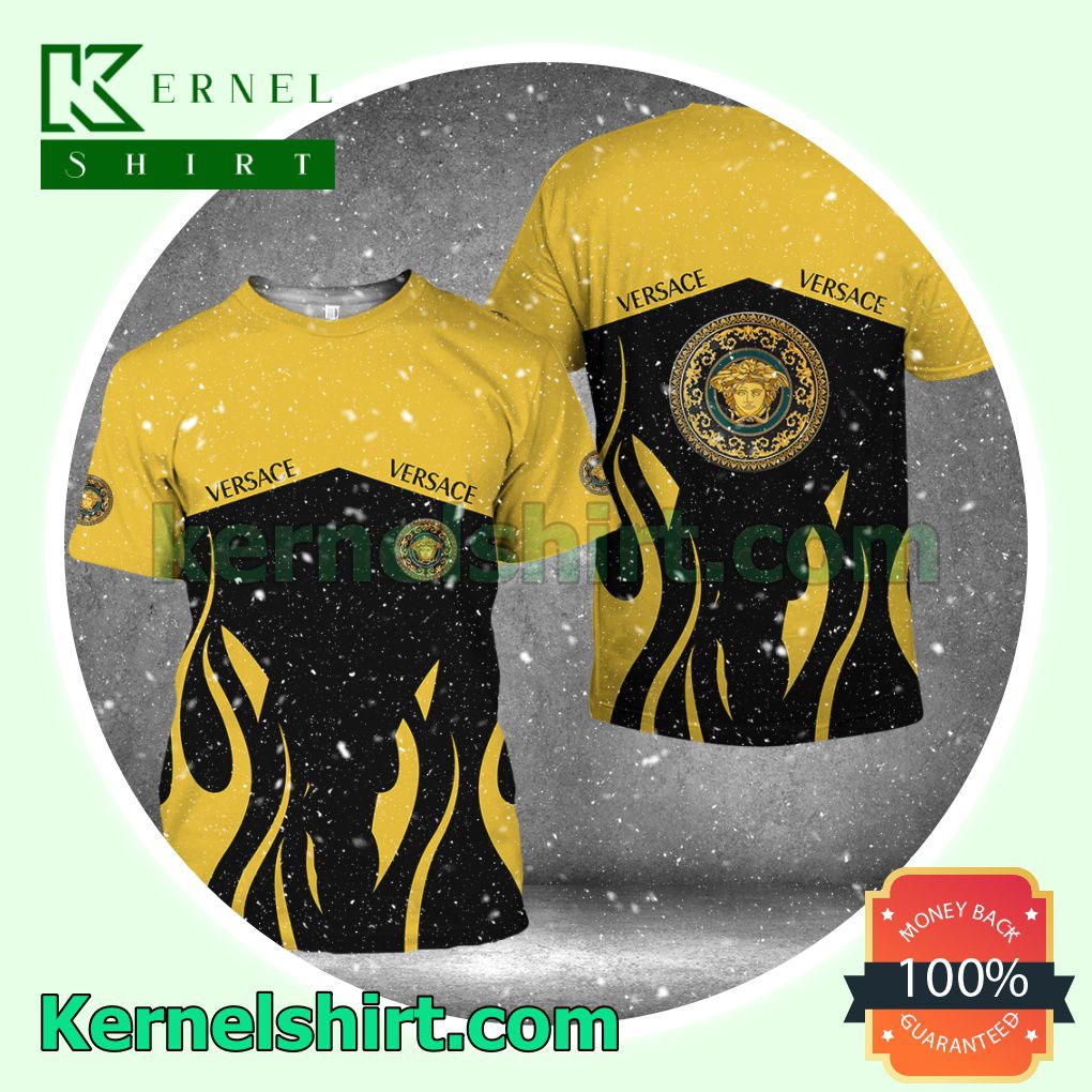 Versace Fire Pattern Black And Yellow Logo 3D T-Shirt