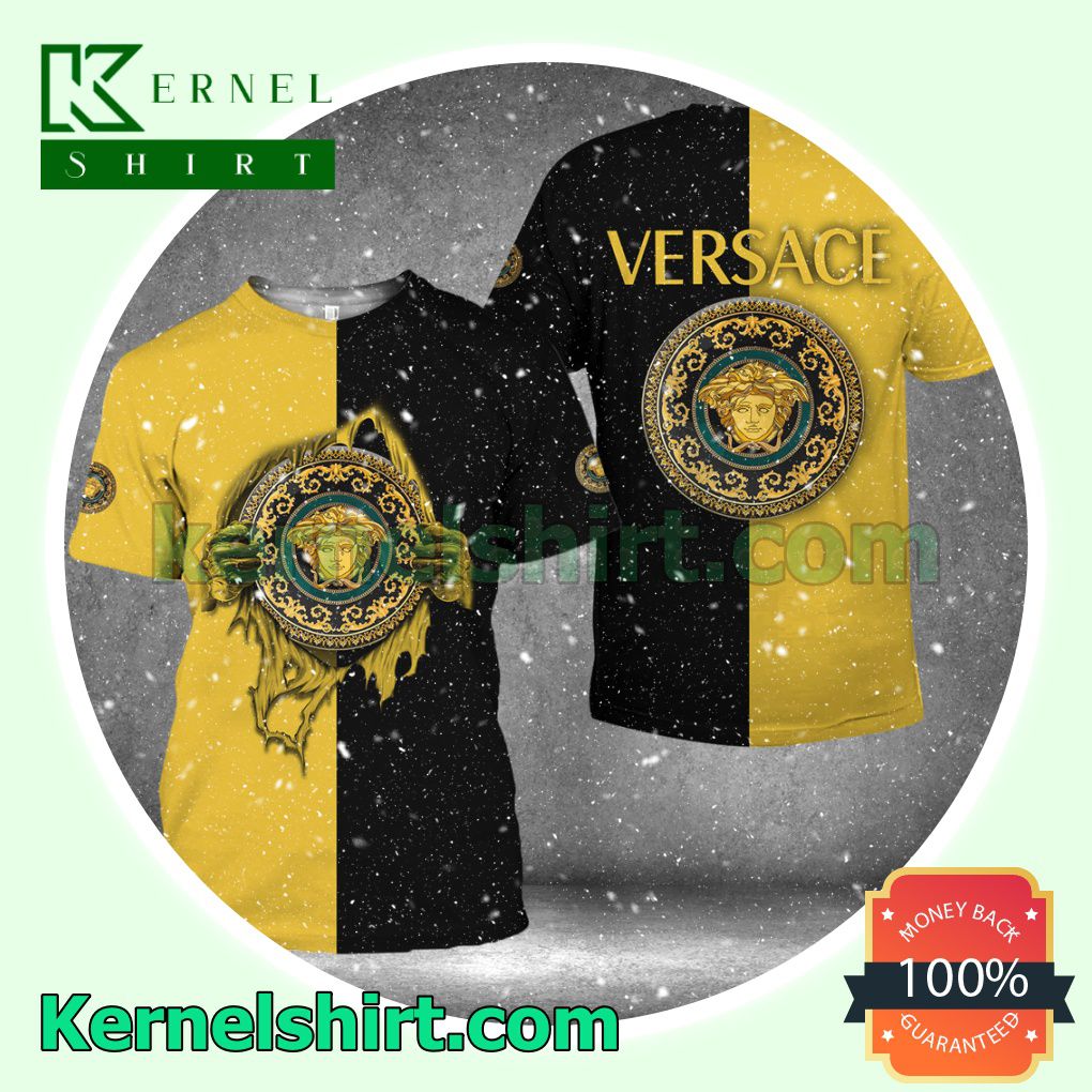 Versace Hands Ripping Half Black Half Yellow Logo 3D T-Shirt
