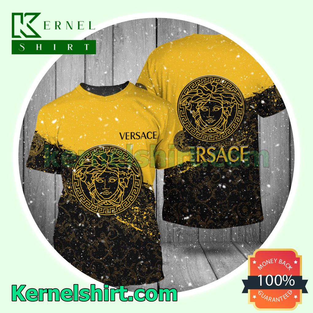 Versace Logo Center Half Black Baroque Half Yellow Logo 3D T-Shirt