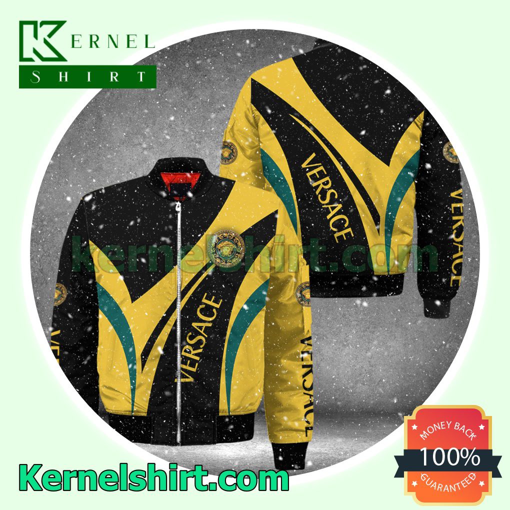 Versace Luxury Black Mix Yellow Curves Varsity Jacket Coat Outwear