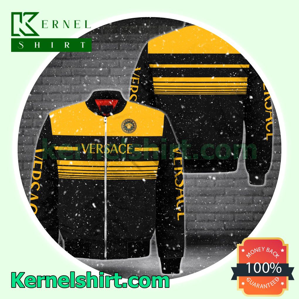 Versace Luxury Black With Yellow Horizontal Stripes Varsity Jacket Coat Outwear