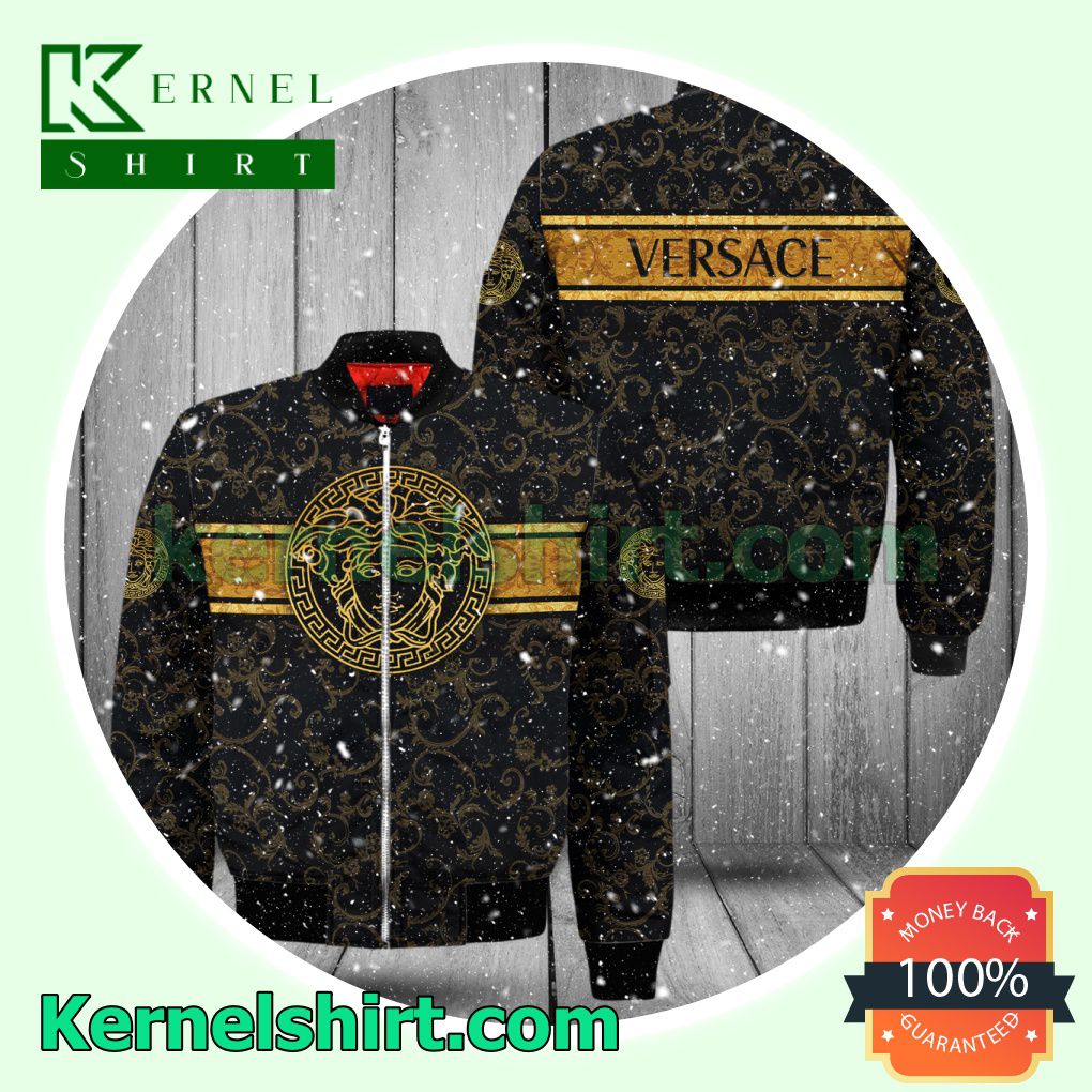 Versace Medusa Logo Baroque Pattern On Black Varsity Jacket Coat Outwear
