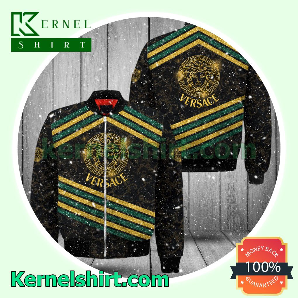 Versace Yellow And Green Glitter Stripes Varsity Jacket Coat Outwear