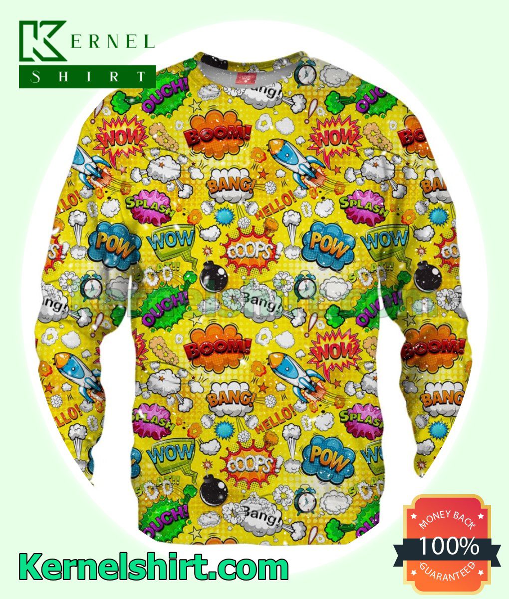 Yellow Comic Boom Bang Pow Knock What Oops Wow Crewneck Fleece Sweatshirt