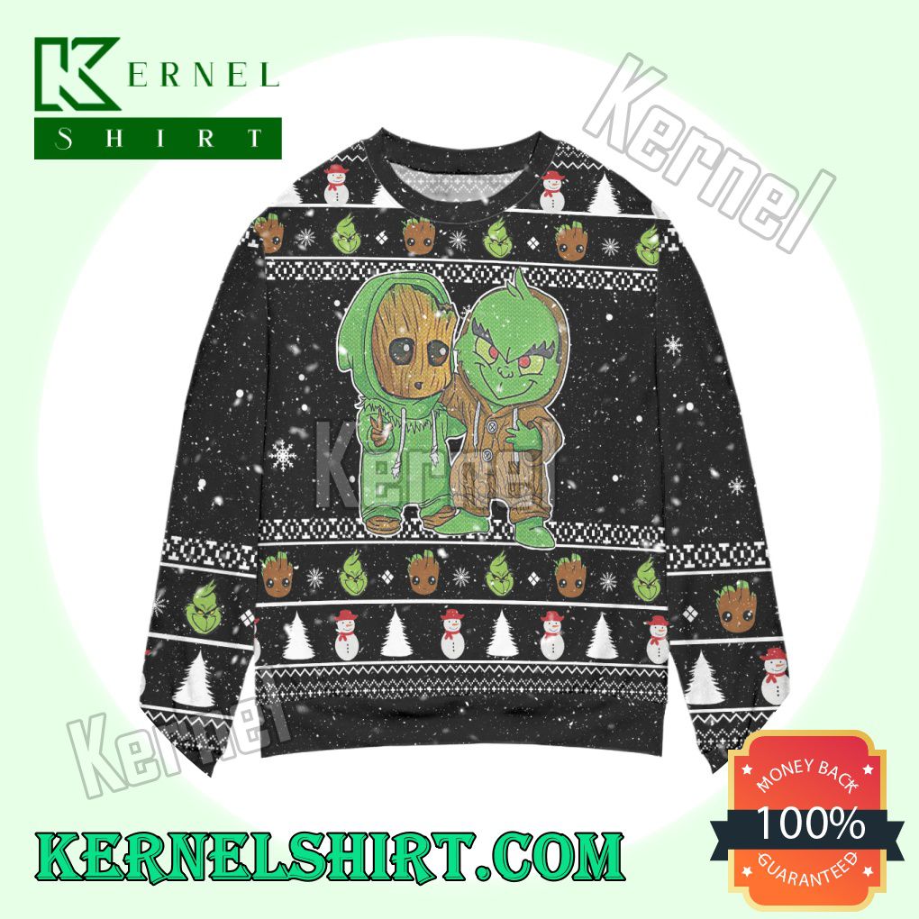 Baby Groot And Grinch Snowman Pattern Claus Knitted Christmas Sweatshirts