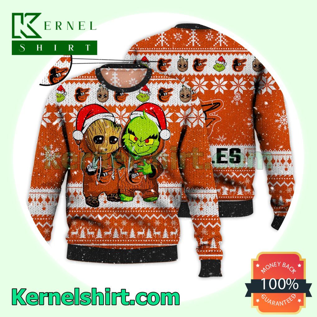 Baltimore Orioles Baby Groot And Grinch Xmas Knitted Sweater MLB Lover
