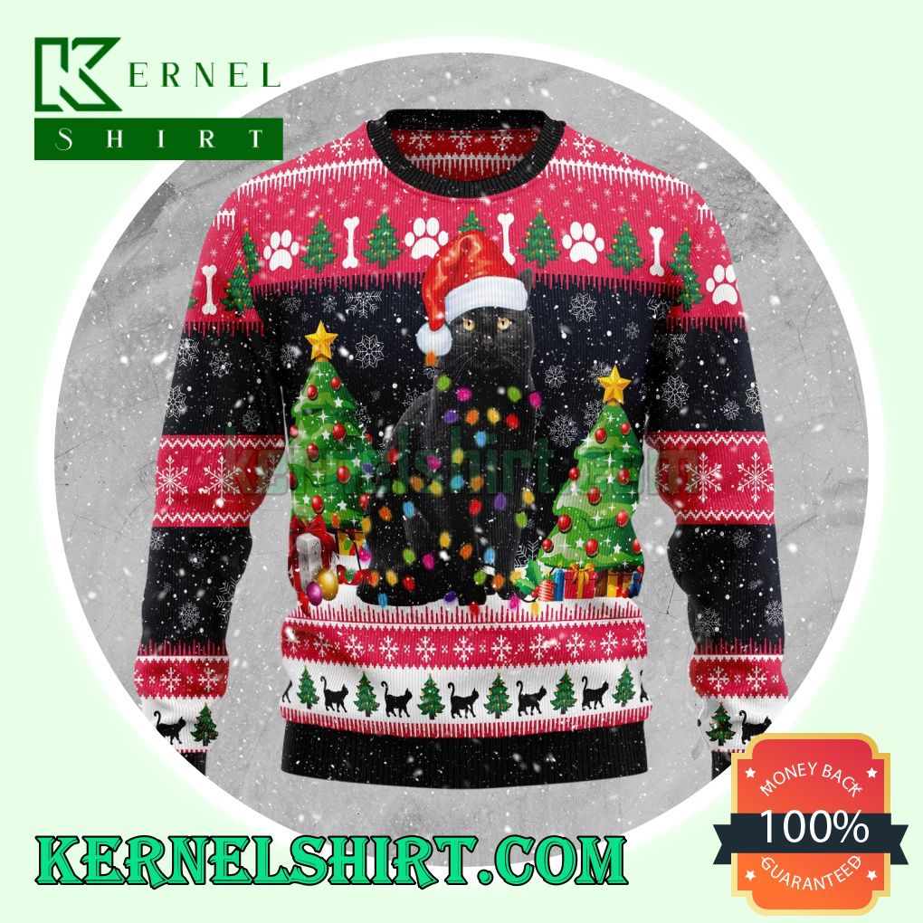 Black Cat Lightstring Knitting Christmas Sweatshirts