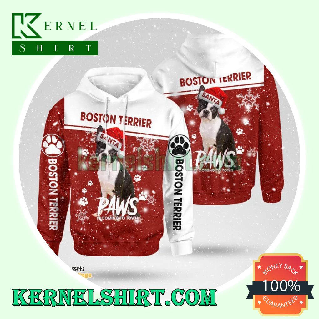 Boston Terrier Santa Paws Is Coming To Town Christmas Hooded Sweatshirts