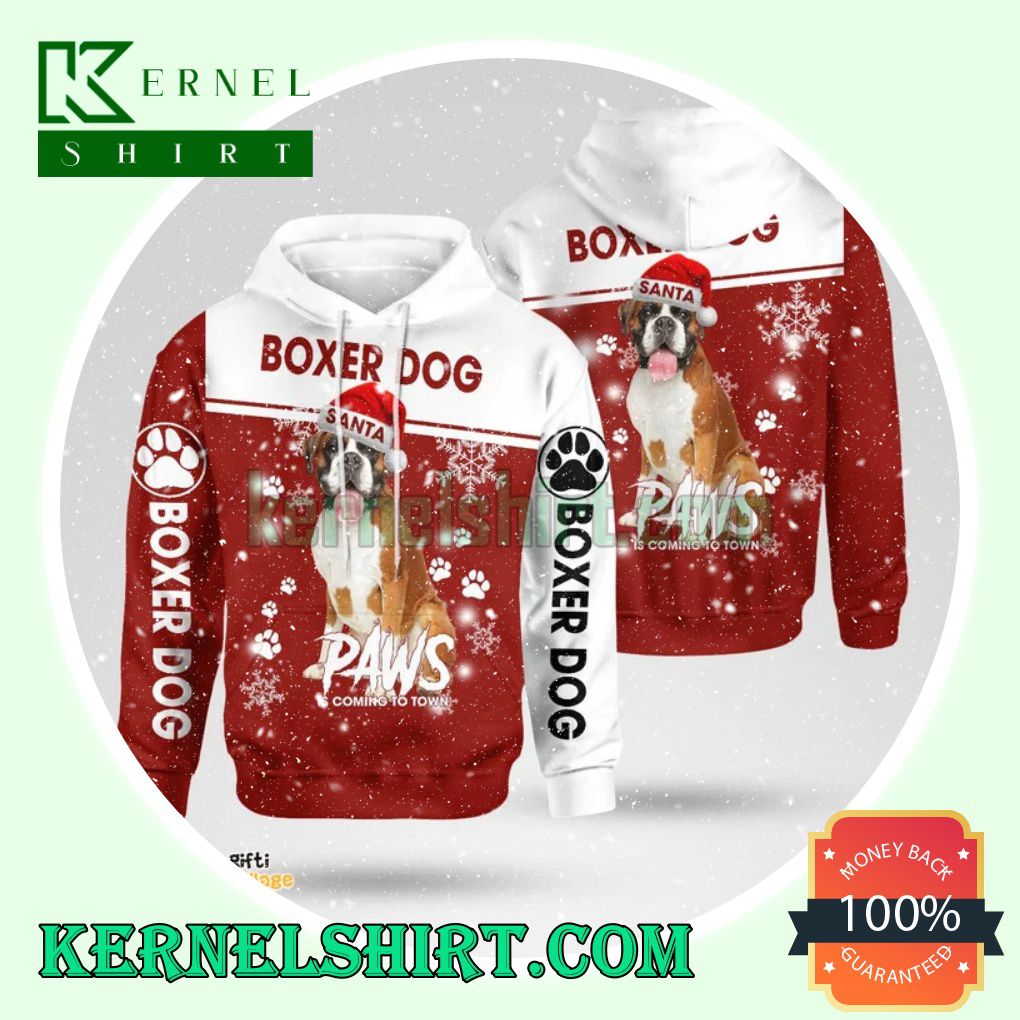 Boxer Dog Santa Paws Is Coming To Town Christmas Hooded Sweatshirts