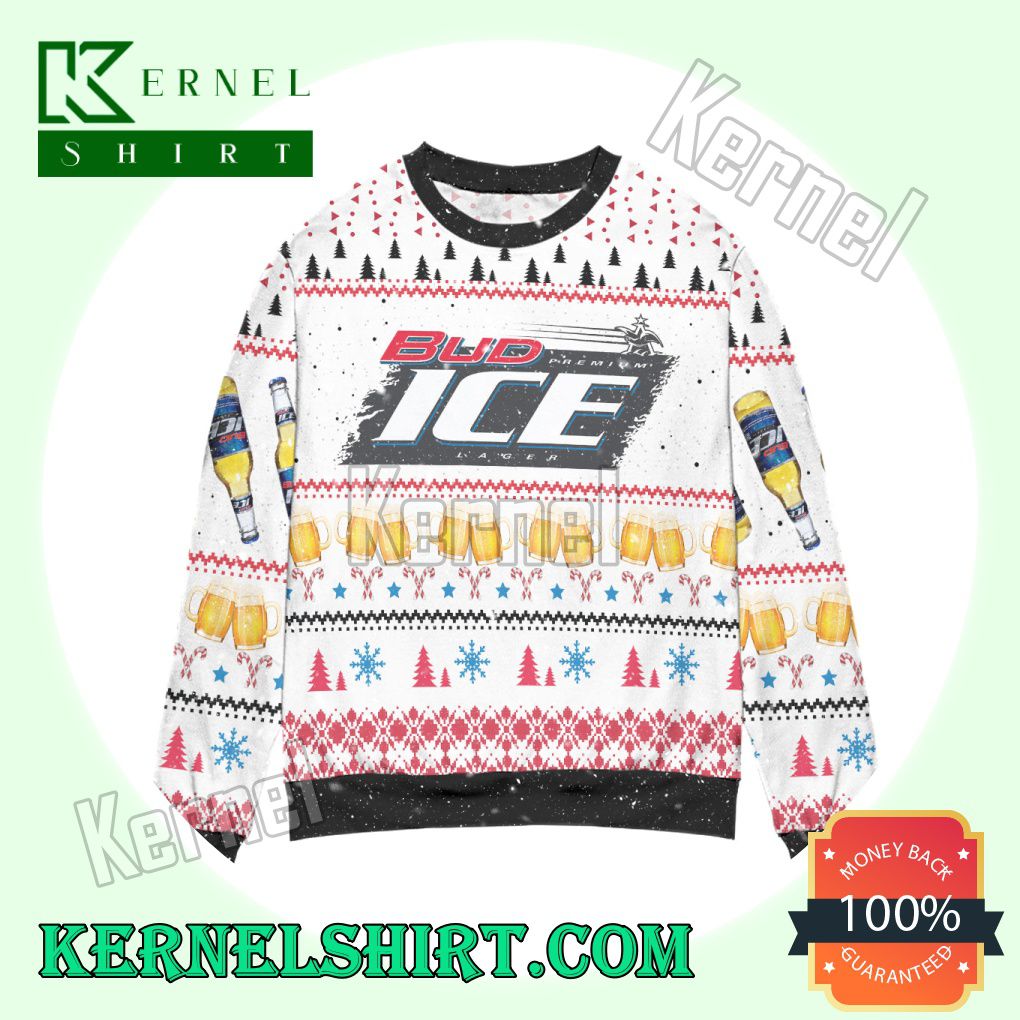 Bud Ice Snowflake And Pine Tree Knitted Christmas Sweatshirts