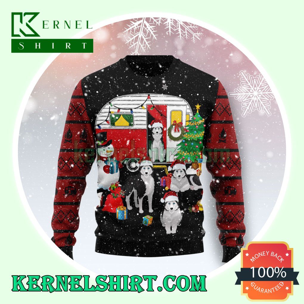 Camping Car And Siberian Husky Knitting Christmas Sweatshirts